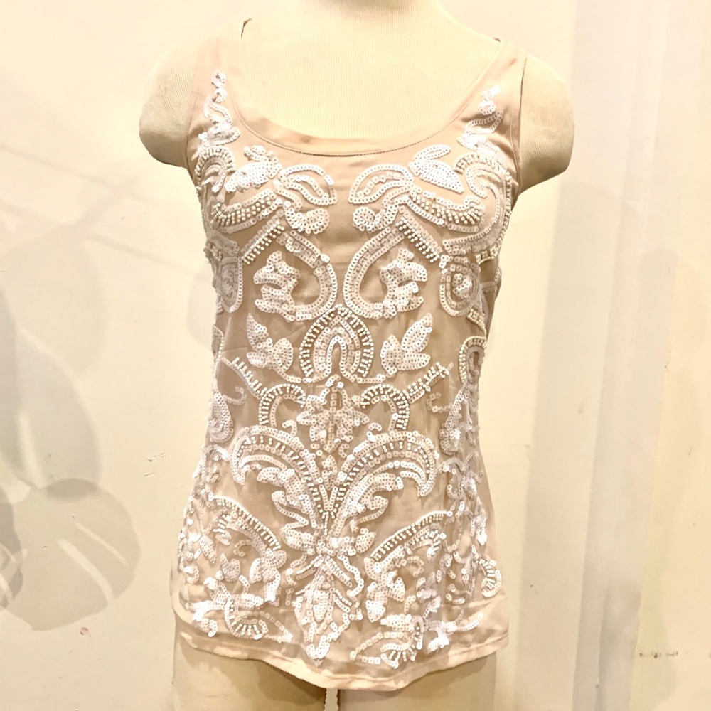Express Nude White Sequin Embellished Tank Too